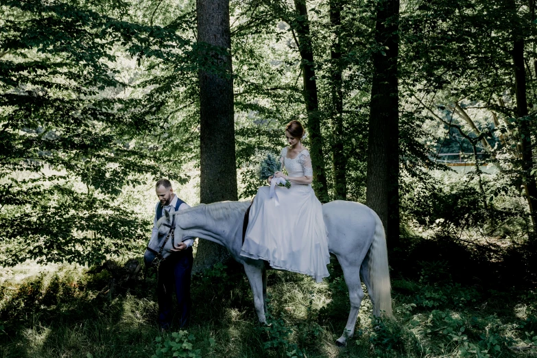 a woman in a dress on top of a horse