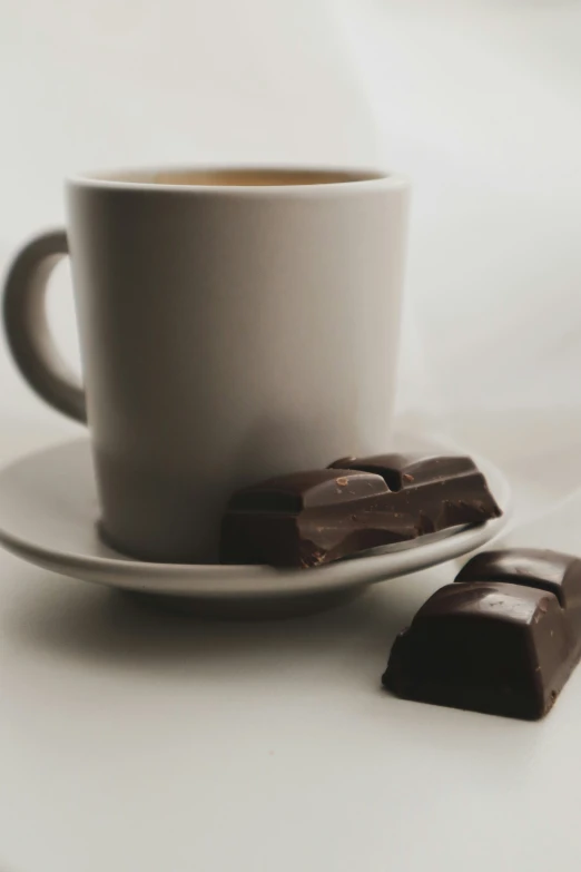 a cup of coffee next to chocolate pieces