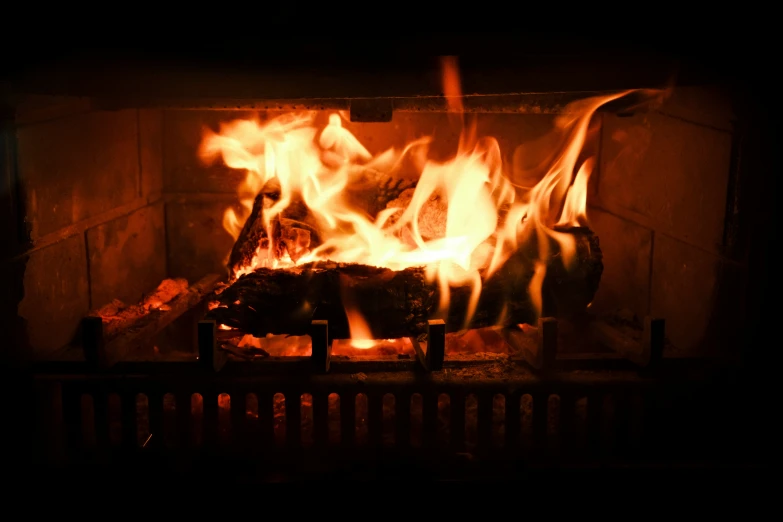 a fire blazing in an oven with wood on it