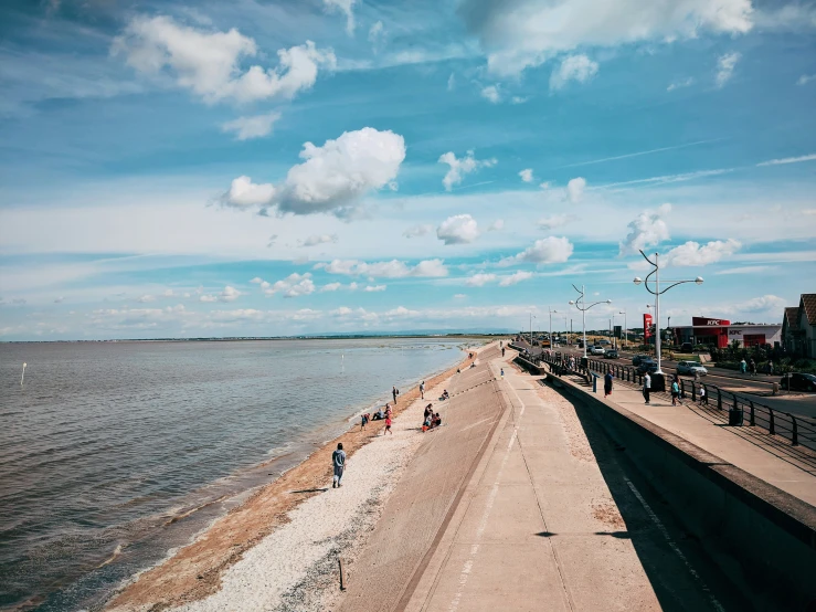 view down the length of the water from a beach area with pedestrians walking on and around