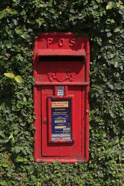 an old - fashioned red wall mounted mailbox in the ivys