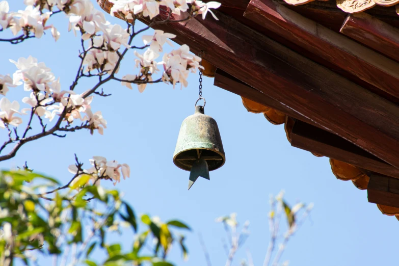 an ornate bell is hanging on the roof