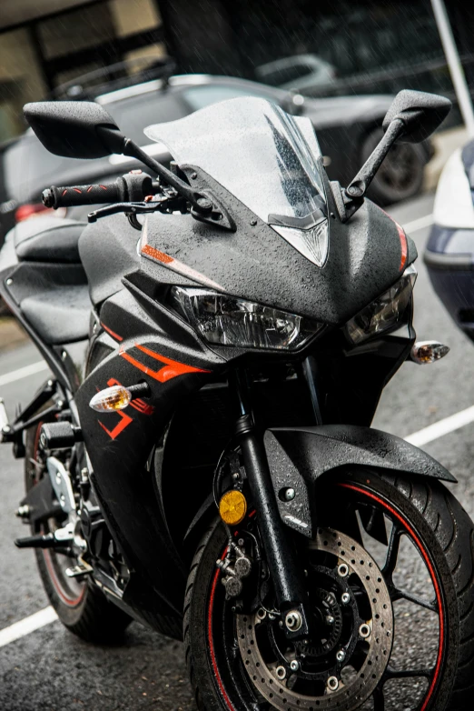 a motorcycle parked in the middle of a parking lot