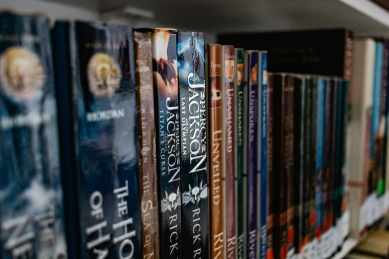 a collection of books are arranged on the shelf