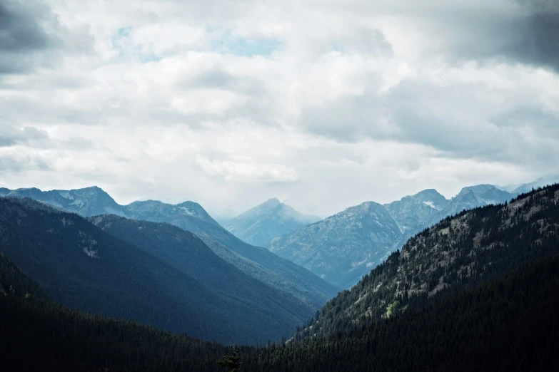 a group of mountains surrounded by grass and trees