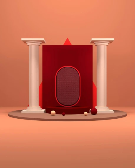 red speaker sitting in a white column at the end of a floor