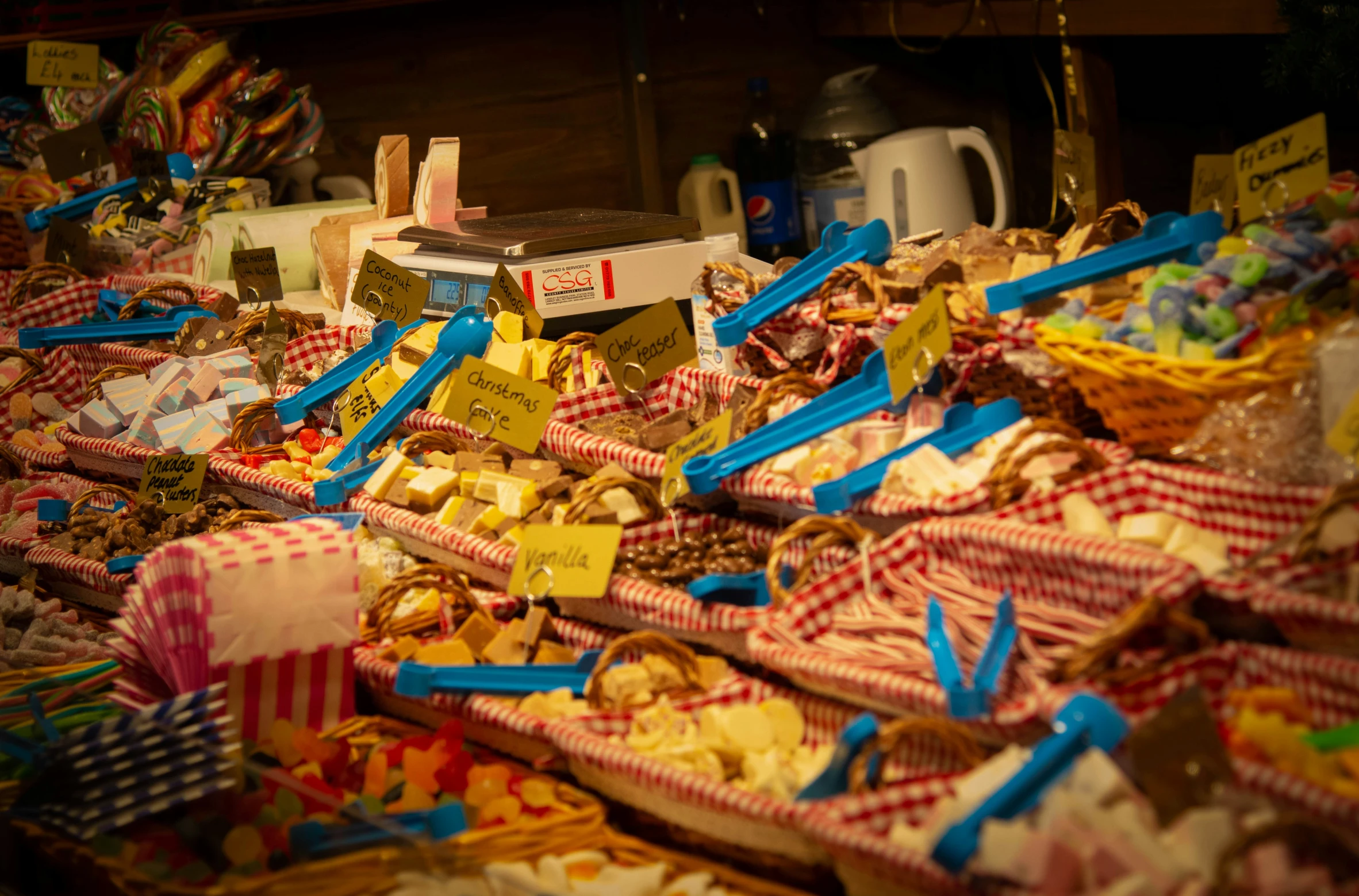 a bunch of baskets and food on a table