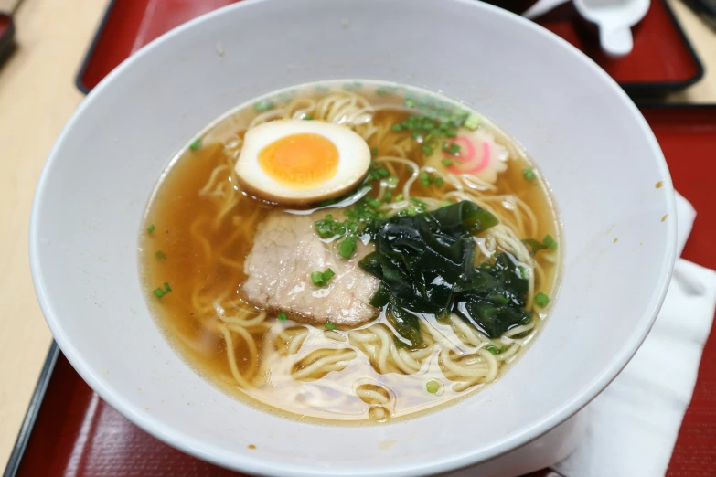 a bowl of soup containing meat and noodles with an egg
