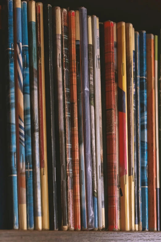 colorful books on a shelf, all lined up