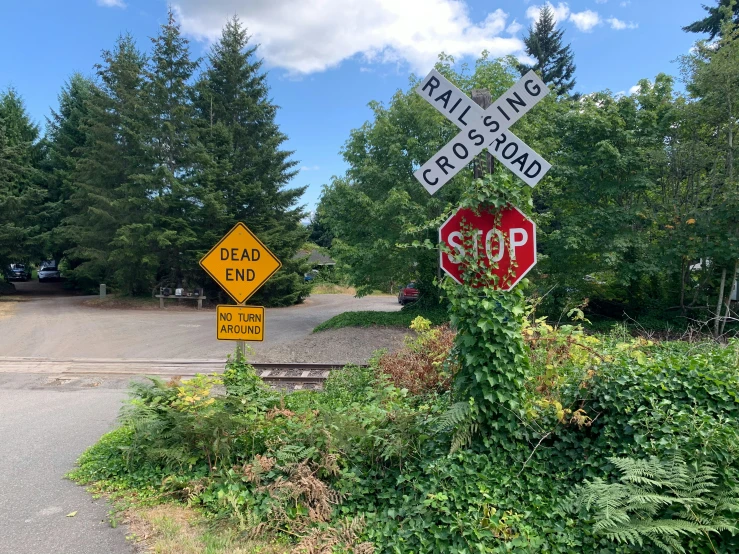 a stop sign sitting under a railroad crossing