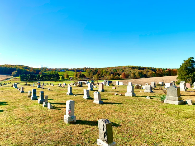 a lot of headstones standing in a field near one another