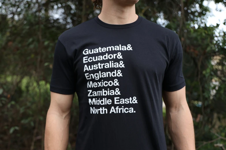 a man wearing a black shirt with different words on it