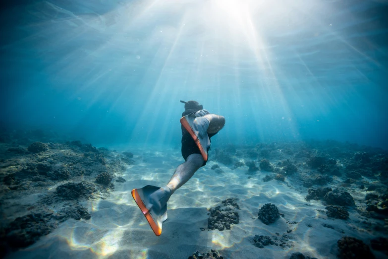 a scuba diver diving over a sandy bottom with a sunbeam behind him