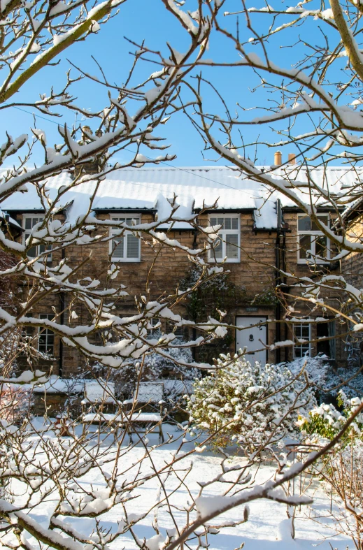 winter scene of snow covered ground and large building in background