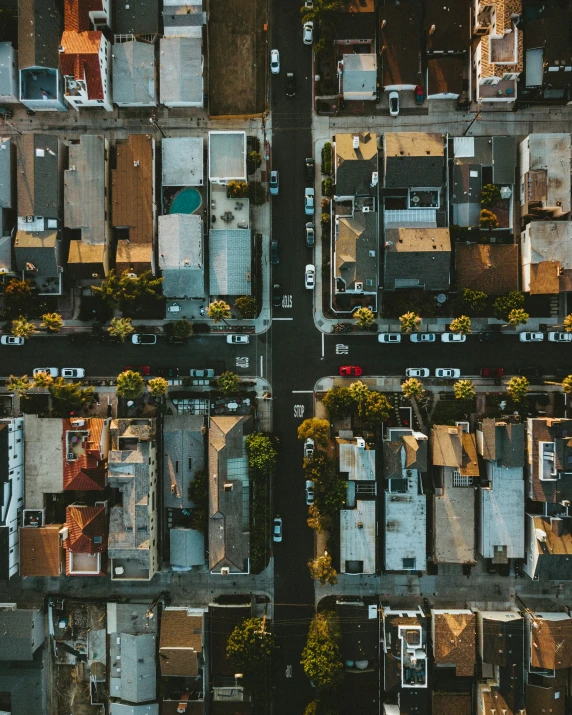 aerial view of several houses and street streets