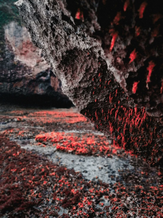 rocks are lined up and glowing red, the colors appear to be dark