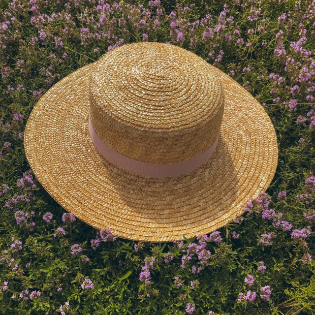 top view of straw hat and lavender flowers in the field