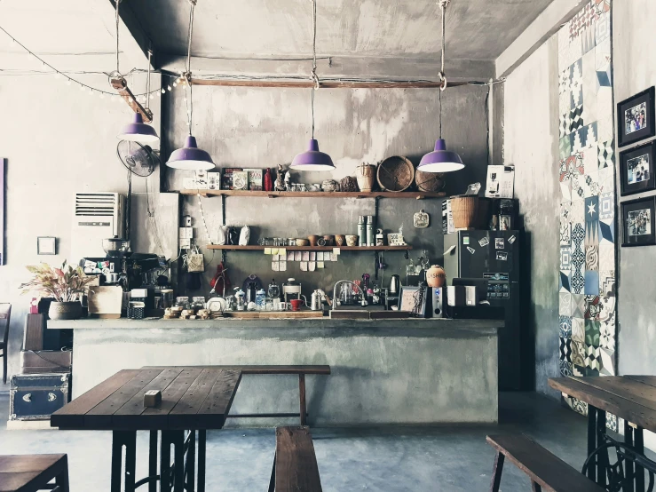 inside view of a restaurant with large counter