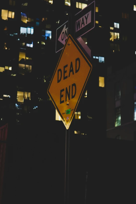 a close up of a sign in the night with a large city background