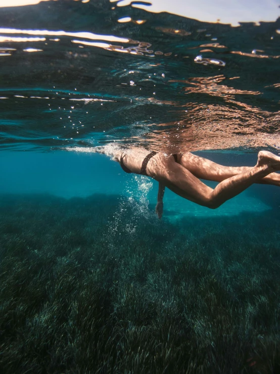 a man in black shirt under water with grass