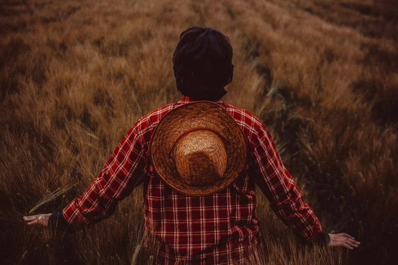 a boy in a red checkered shirt stands in tall grass looking at the horizon