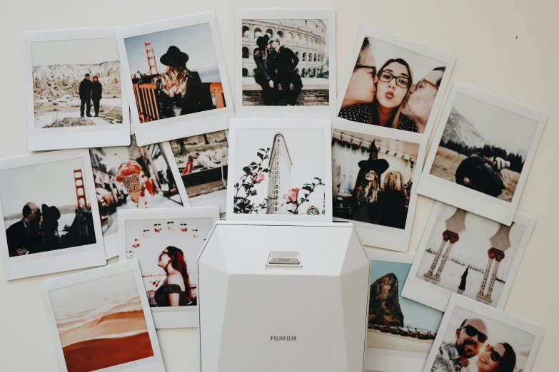 polaroid print with couple on the beach and many friends