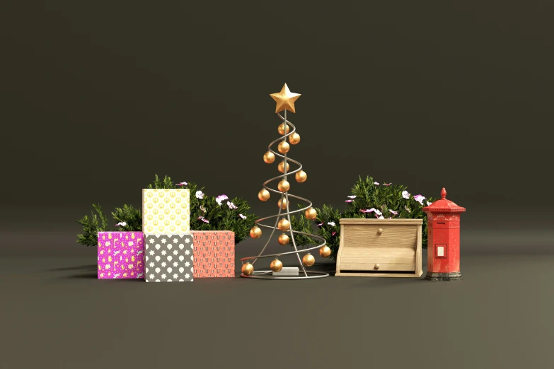 christmas tree, decorations and presents are displayed