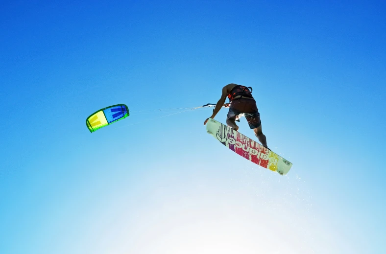 a man is in the air holding on to a parachute