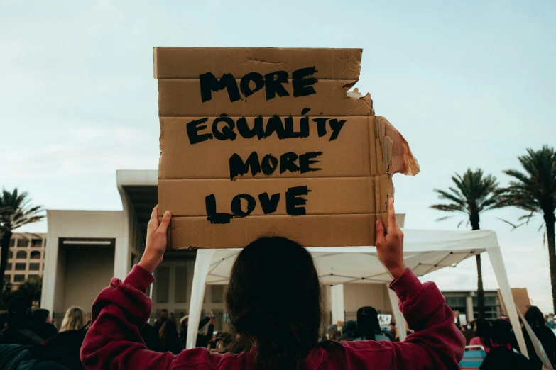 a person holding up a cardboard sign saying more equality more love