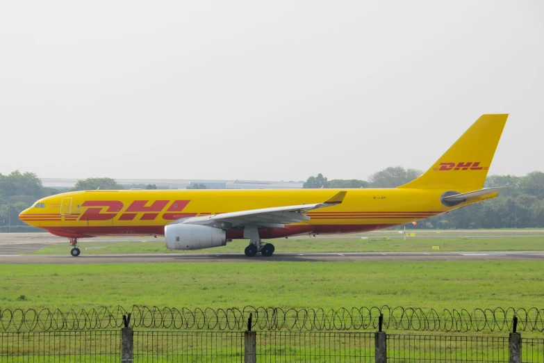 a dhl cargo plane is seen from the far side