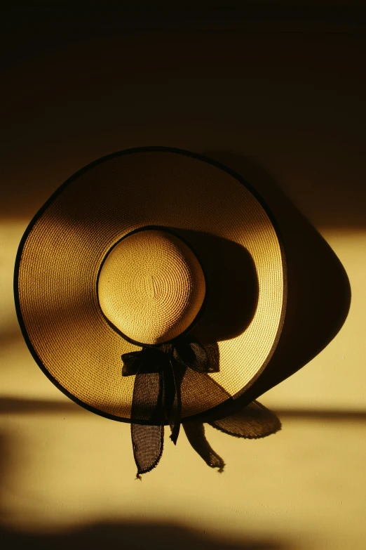 shadow and light of a straw hat on a yellow background