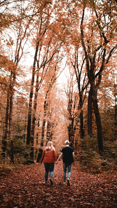 the couple are walking through the leaf covered ground