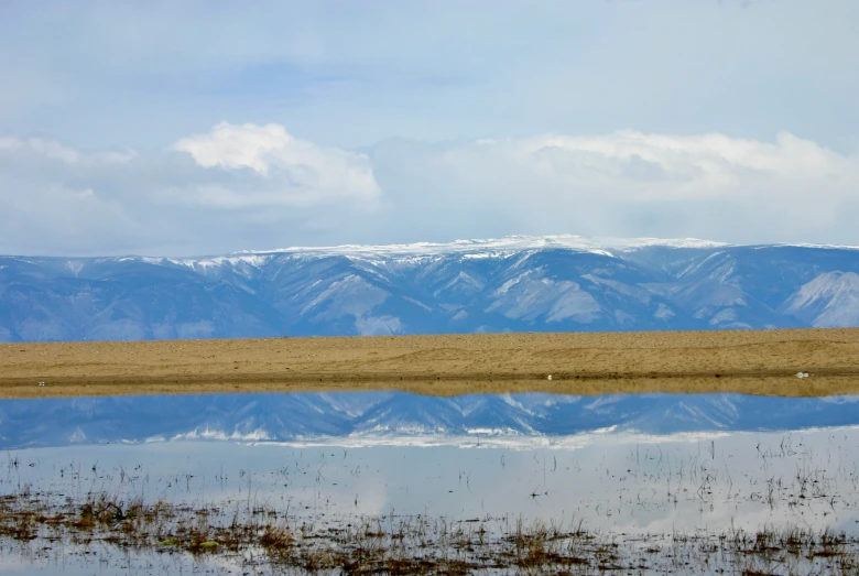 a hill range is next to a lake