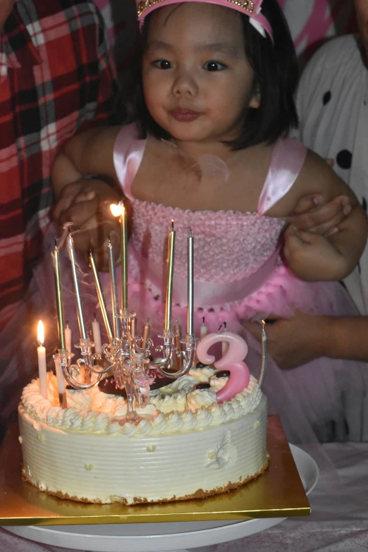 young child in pink dress with white frosting and lots of candles on a cake
