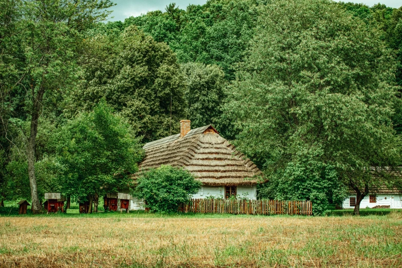 a white house with a roof and green grass in front of some trees