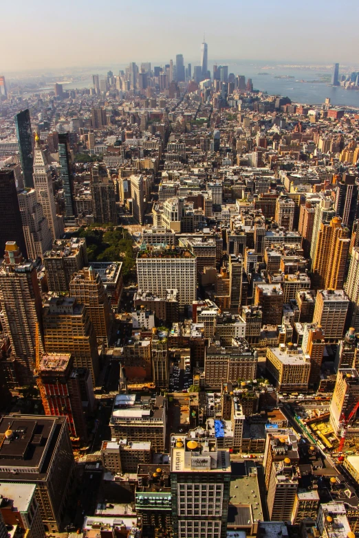 city skyline and tall buildings are shown from above