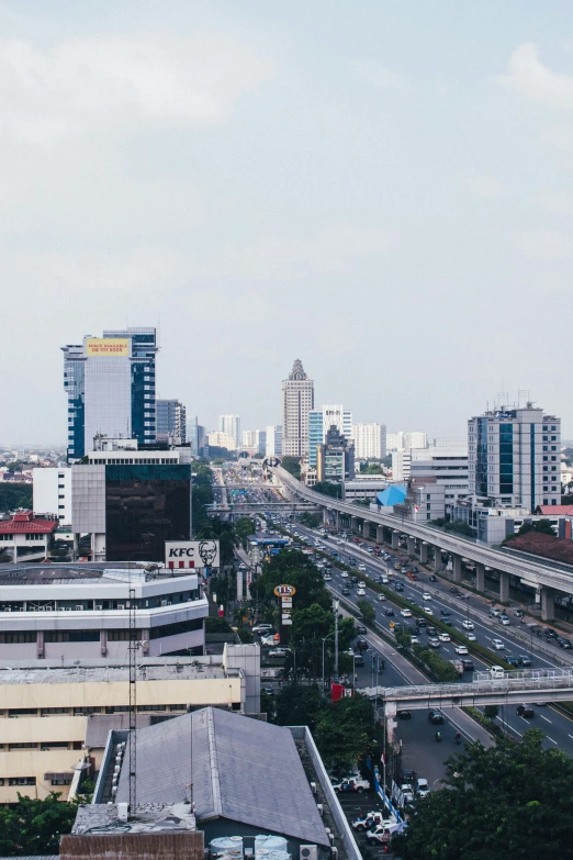 a city view of cars and buildings with the sky line