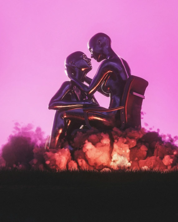 two people sit in a chair on top of a pile of smoke