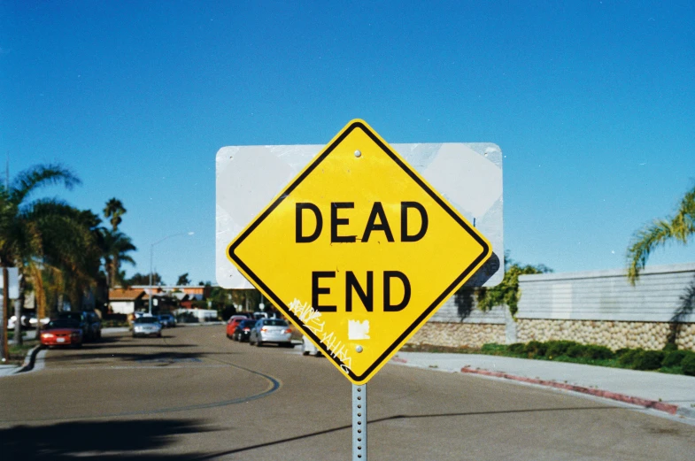 a dead end sign on a street corner with palm trees behind it