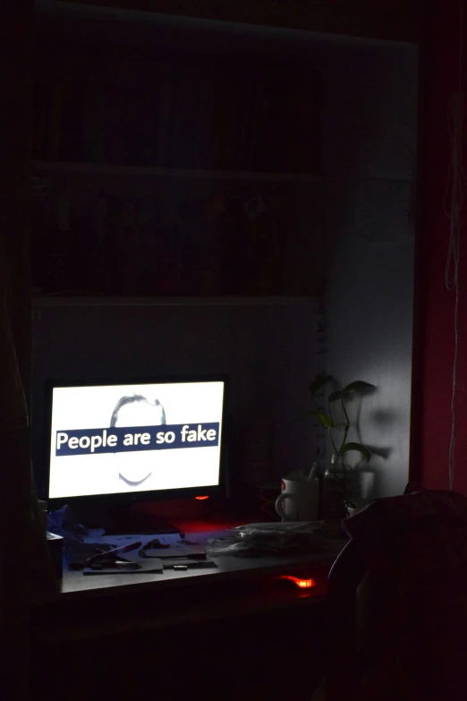 dark room with television and people are so fake text on the screen