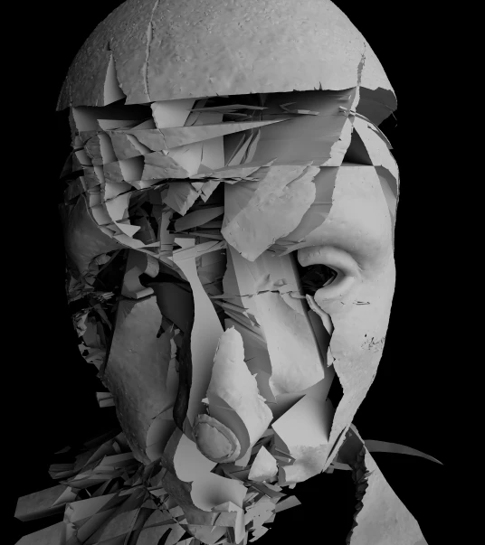 a man with torn paper covering his face