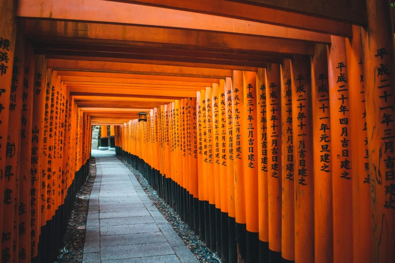 rows of orange wooden doors with asian writing