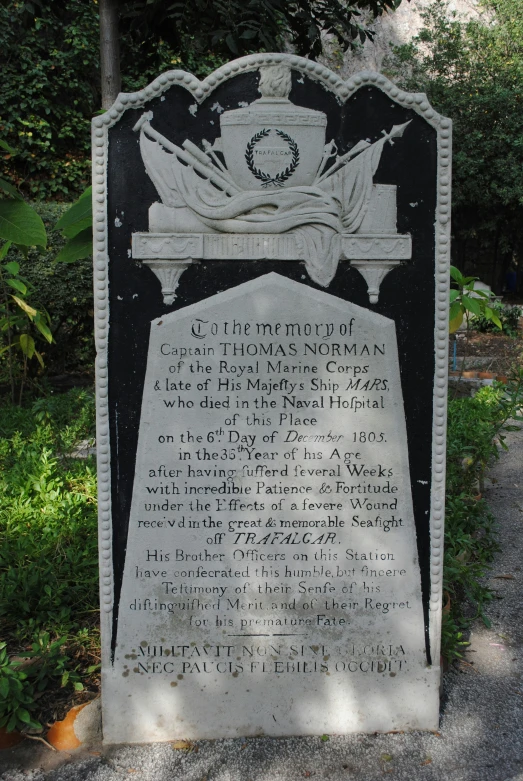 the memorial marker in a wooded area near some trees