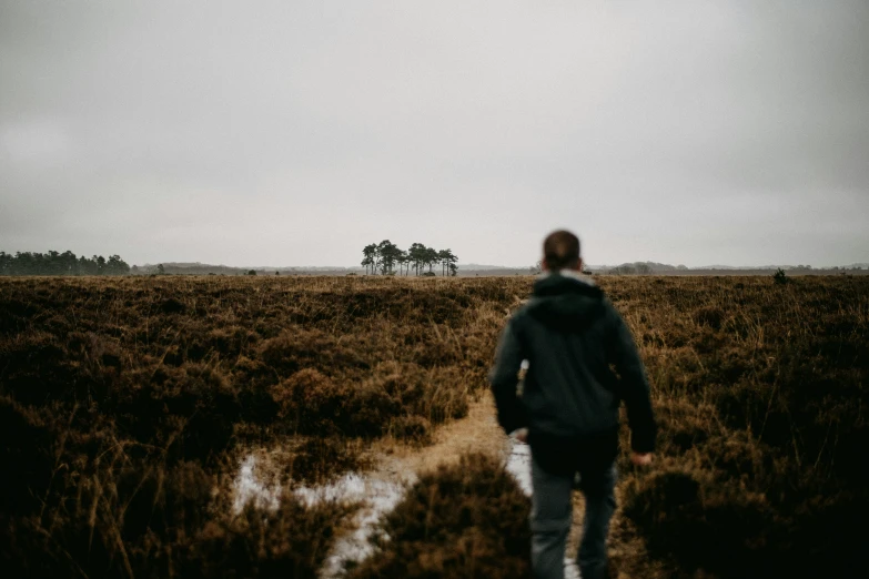 a man is walking through a field with a kite in the air