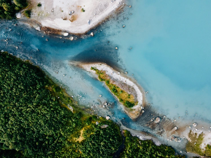 a blue lake surrounded by green land with some trees