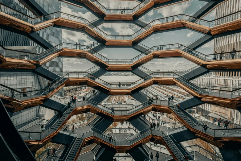 a staircase with many levels on it and many windows