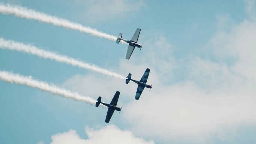 three airplanes flying together on the cloudy day