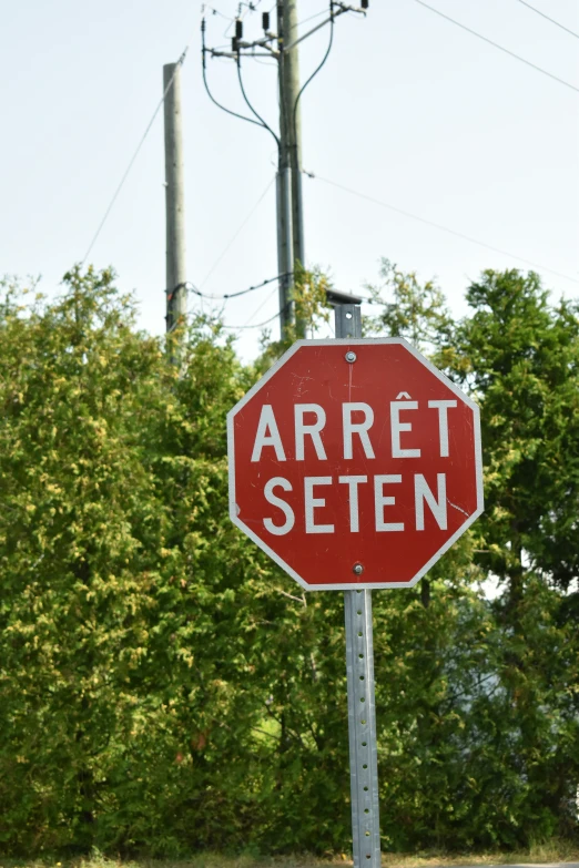 a close up of a stop sign with trees in the background