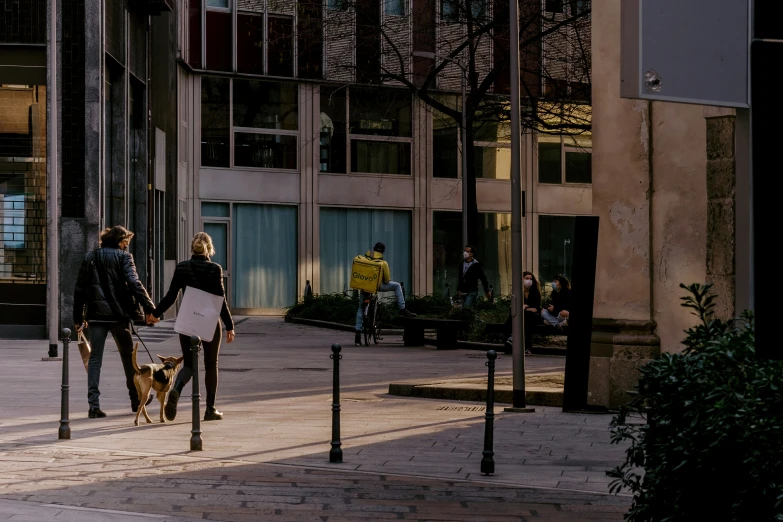 two men are walking with a dog down a street