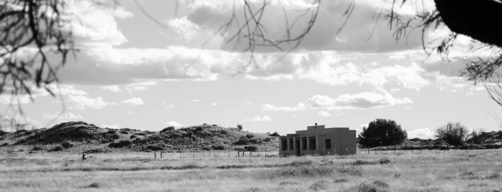 a black and white po of a house surrounded by trees